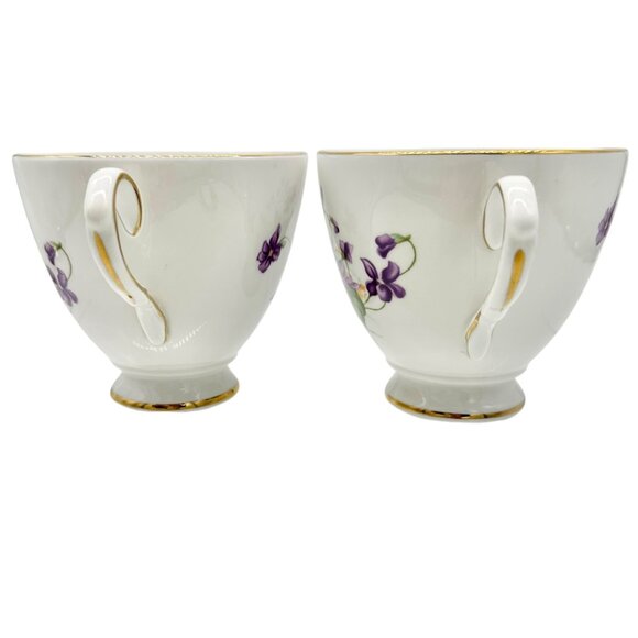 Vintage Queens Royal Bone China Tea Cups Pair Purple Floral Gold Trim England - Picture 5 of 7